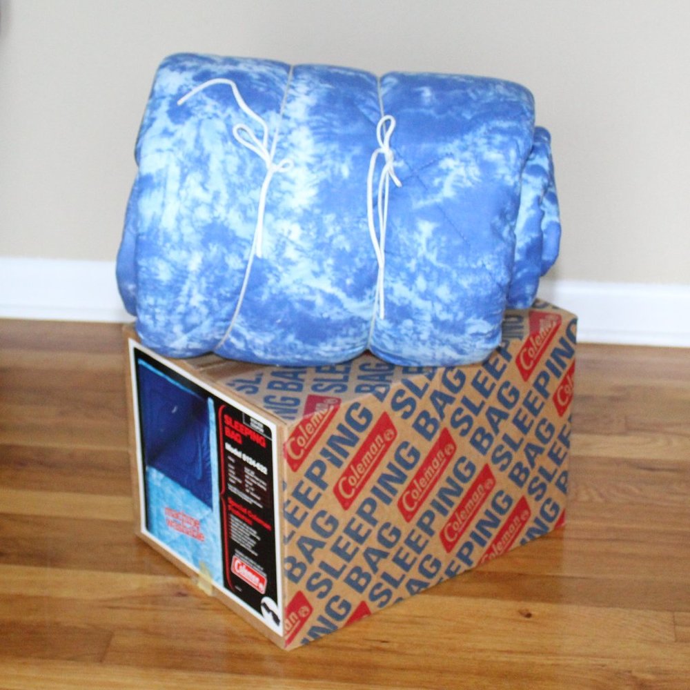 Vintage Coleman Blue Tie Dye Flannel Lined Sleeping Bag 30"x72" Original Box